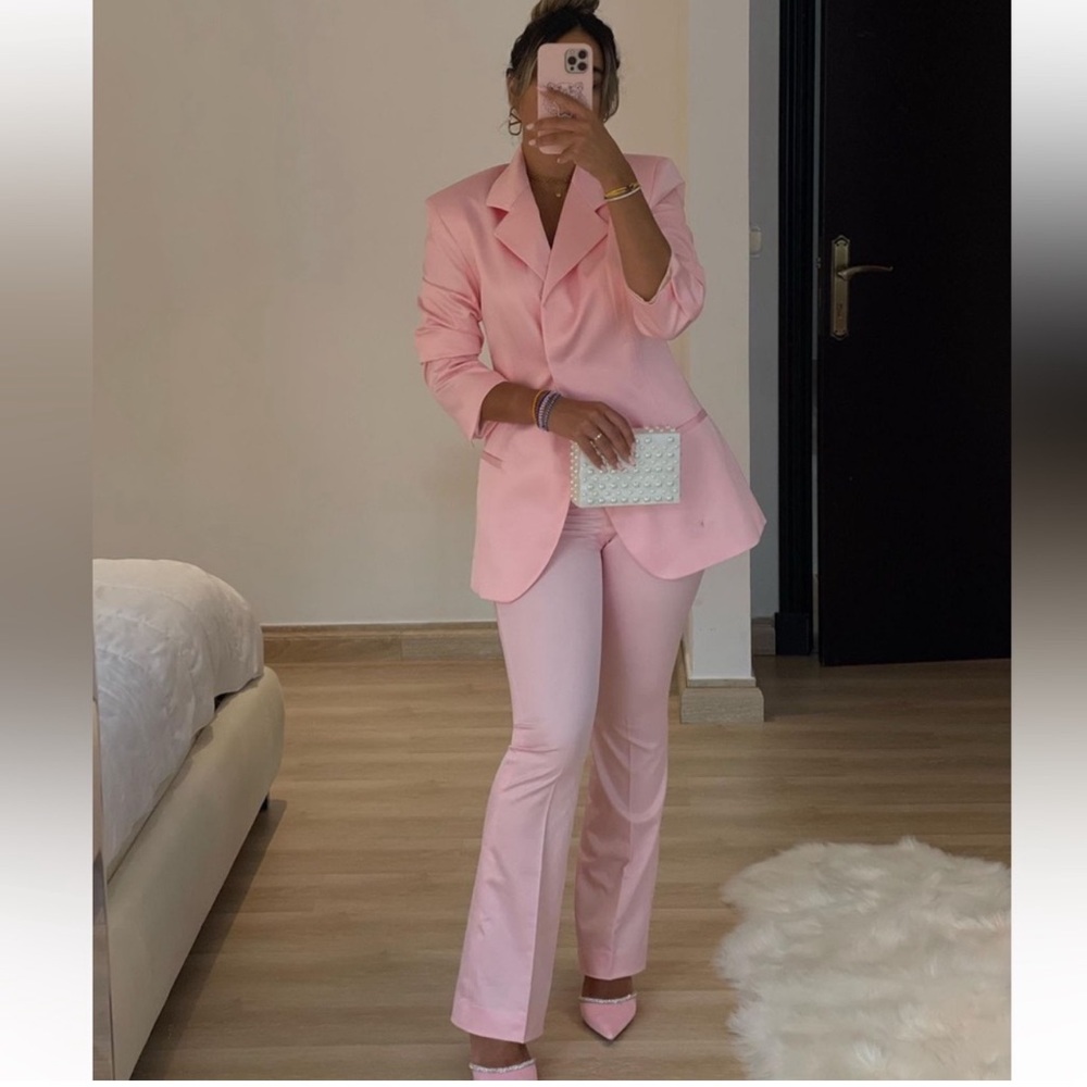 ZARA Bubblegum Pink Satin Effect Suit Blazer & Trousers sz Large